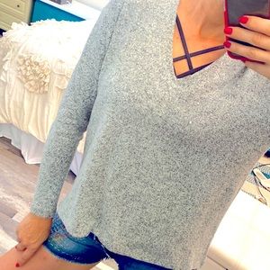 Zara Heather Grey Knit Long Sleeve V-Neck Sweater Top Pullover Sz. S black label